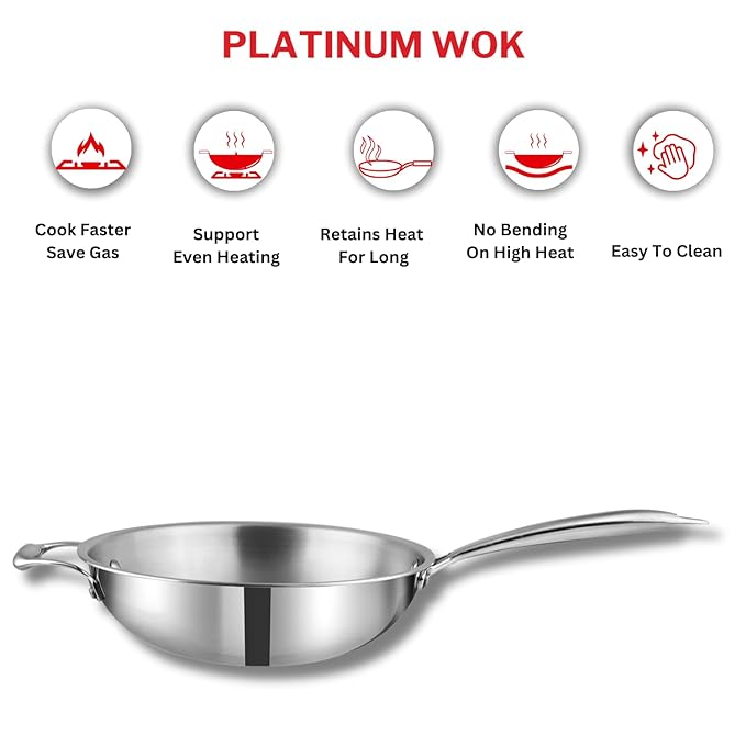 Triply Stainless Steel Wok - 3 L, 26 cm, Riveted Handle, Stir, Shallow Fry, Noodles, Curry