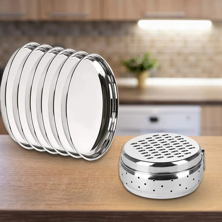 Dinner Plates Set of 6 + Grater with Storage and Lid SS Pack of 7 Silver