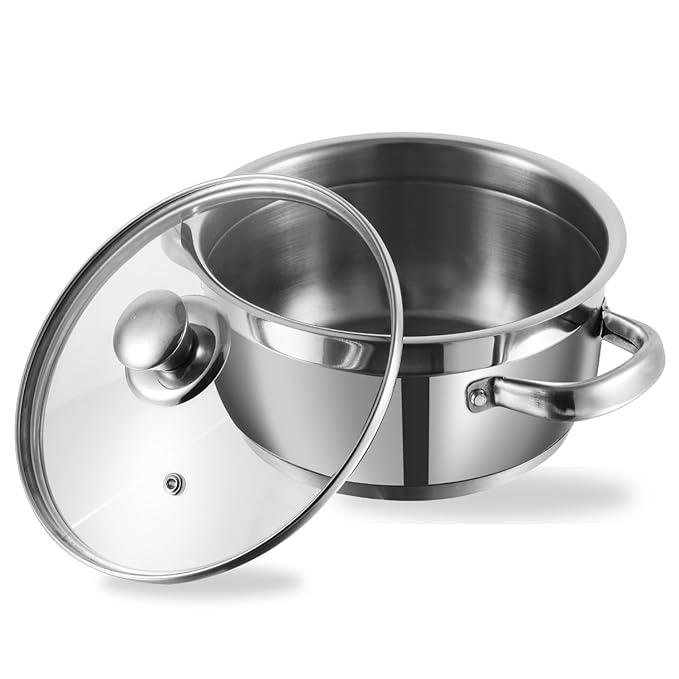 Two Tone Stainless Steel Sauce Pot/Saucepan with Glass Lid - 2.3 L, 18 cm, 6.2 mm Thick