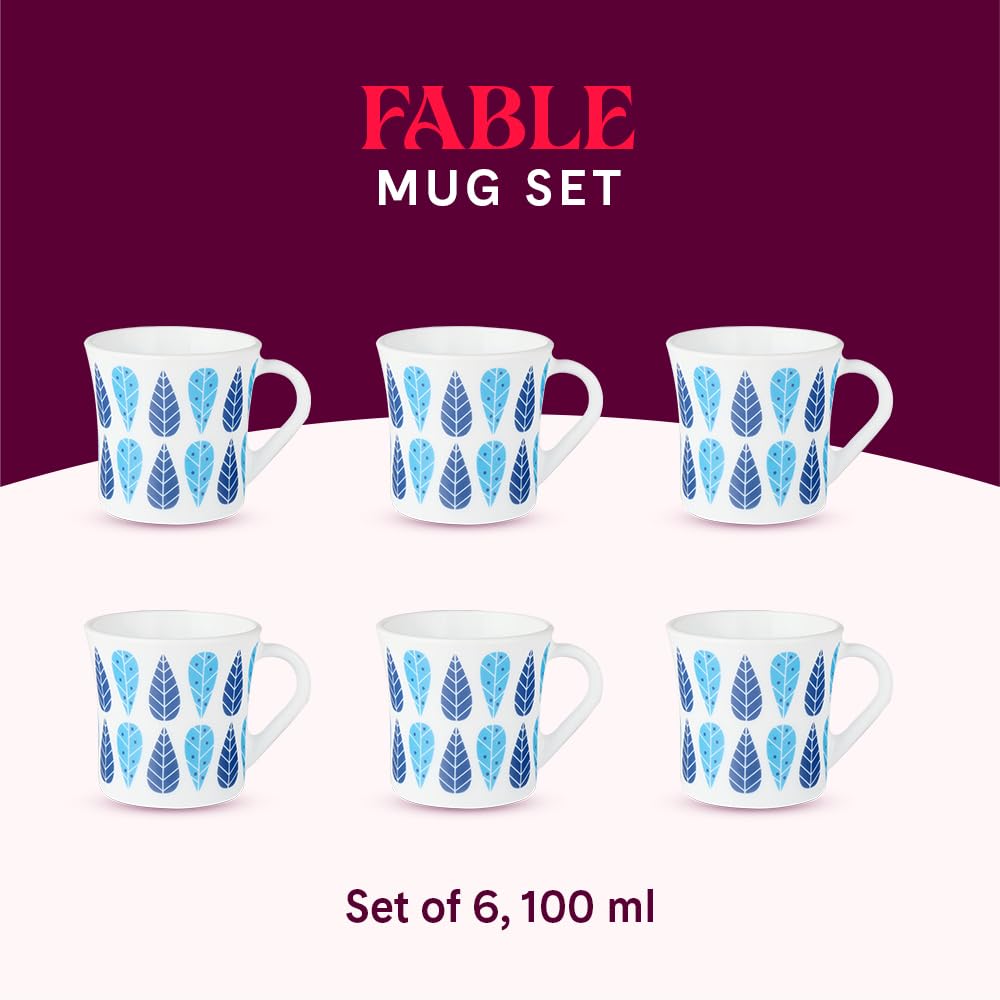 Fable Opalware Mug, Set of 6 Tea/coffee Mugs, 100 ml Each