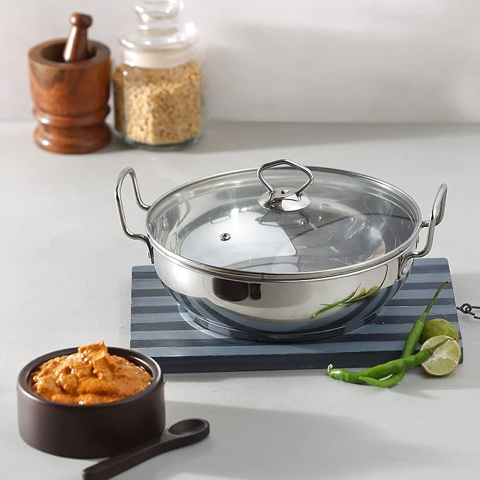Stainless Steel Kadhai with Glass Lid - 4 L, 26 cm, Extra Thick, SAS Heavy Bottom, Kadai for Cooking