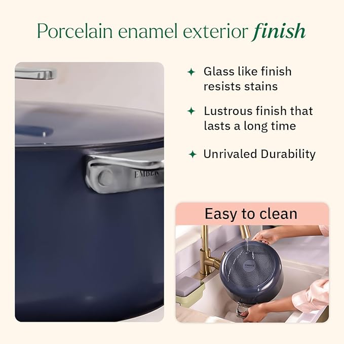Ember Cookware Arcilla Ceramic Non Stick Dutch Oven 24cm | Metallic Lid | Stainless Steel Handles | Non Toxic Biryani Po
