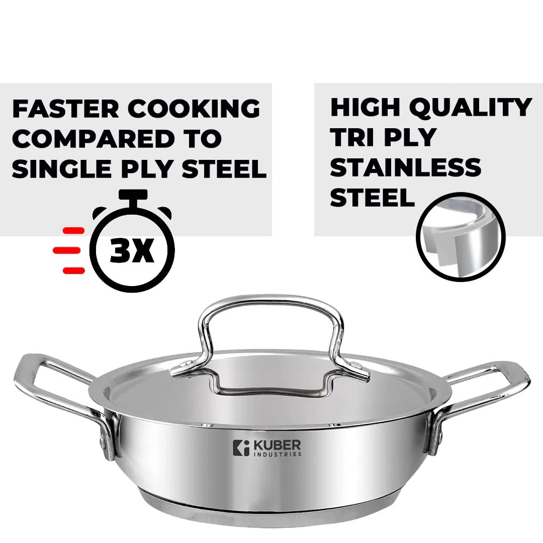 Stainless Steel Tri-Ply Kadhai 2.2L with Lid + Casserole 2L Induction Base Extra Deep