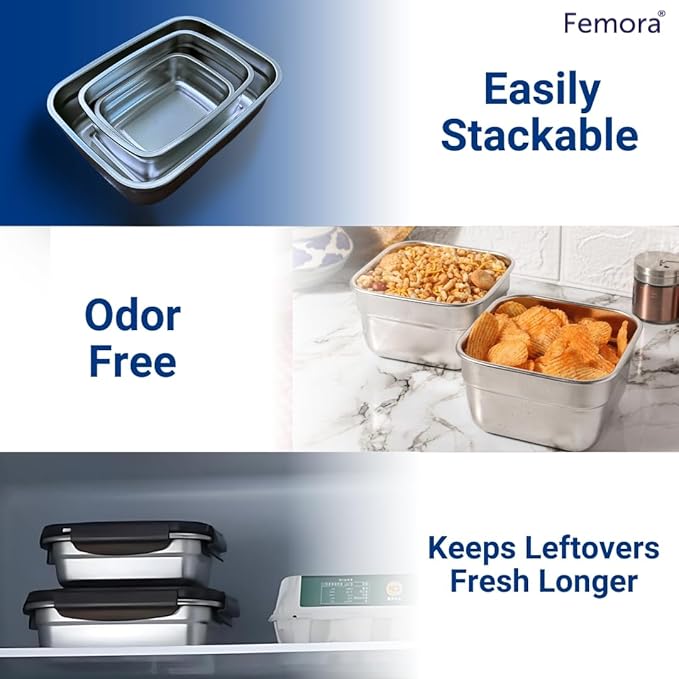 High Steel Square Container Airtight Leakproof Unbreakable Storage Container/ Lunch Box, 850 ml, Set of 2
