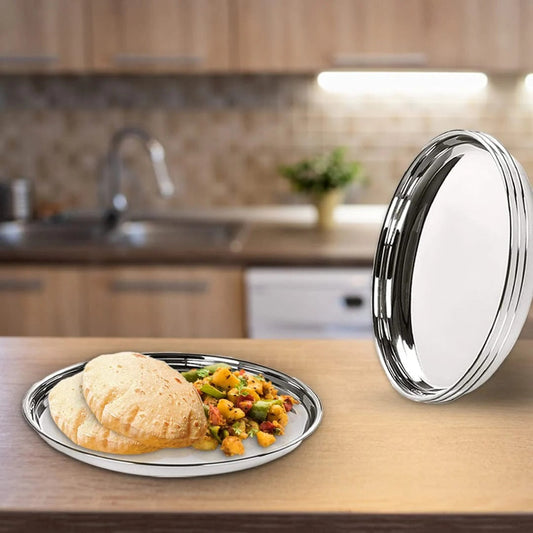 Stainless Steel Dining Plate Set of 4 Blunt Edges Deep Base Glossy Finish
