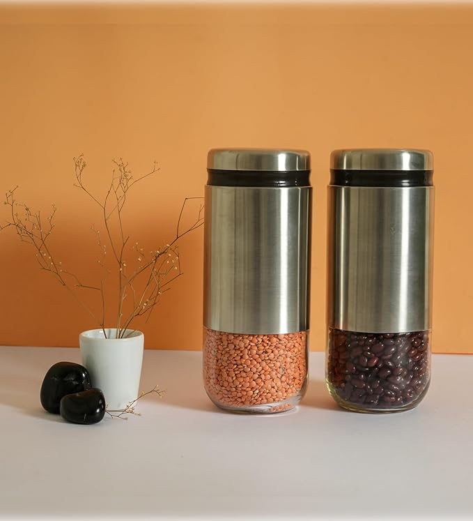 Kitchen Storage Jars Steel Body With See Through Bottom Jar, 900 ml, Set of 2