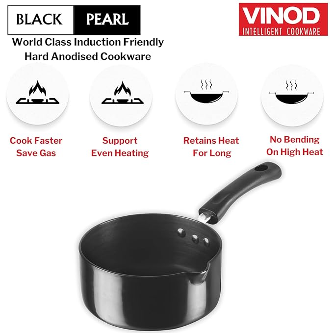 Hard Anodised Saucepan 1.1 L, 14 cm, 3.25 mm Thick, Metal Spoon Friendly, Ezee Pour Spout