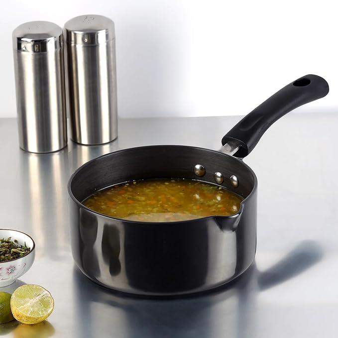 Hard Anodised Saucepan 1.1 L, 14 cm, 3.25 mm Thick, Metal Spoon Friendly, Ezee Pour Spout