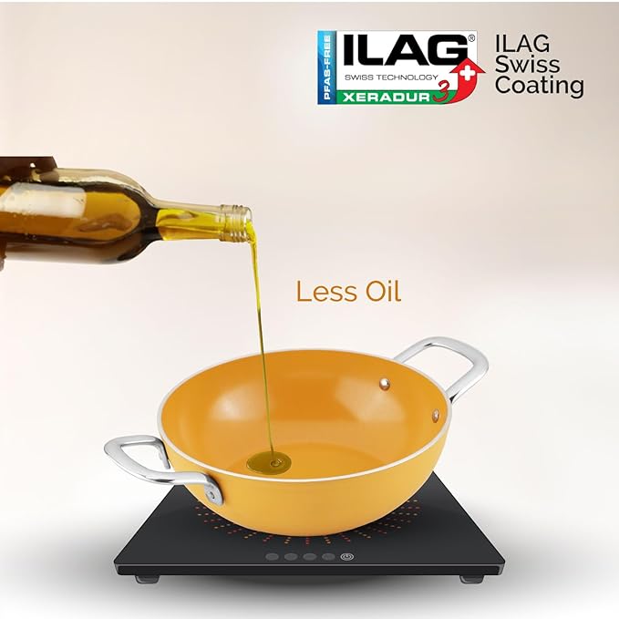 Forged Ceramic Non-stick Kadai With Glass Lid & Tubular Ss Handle, Mustard Yellow, 240 mm, 2.5 L