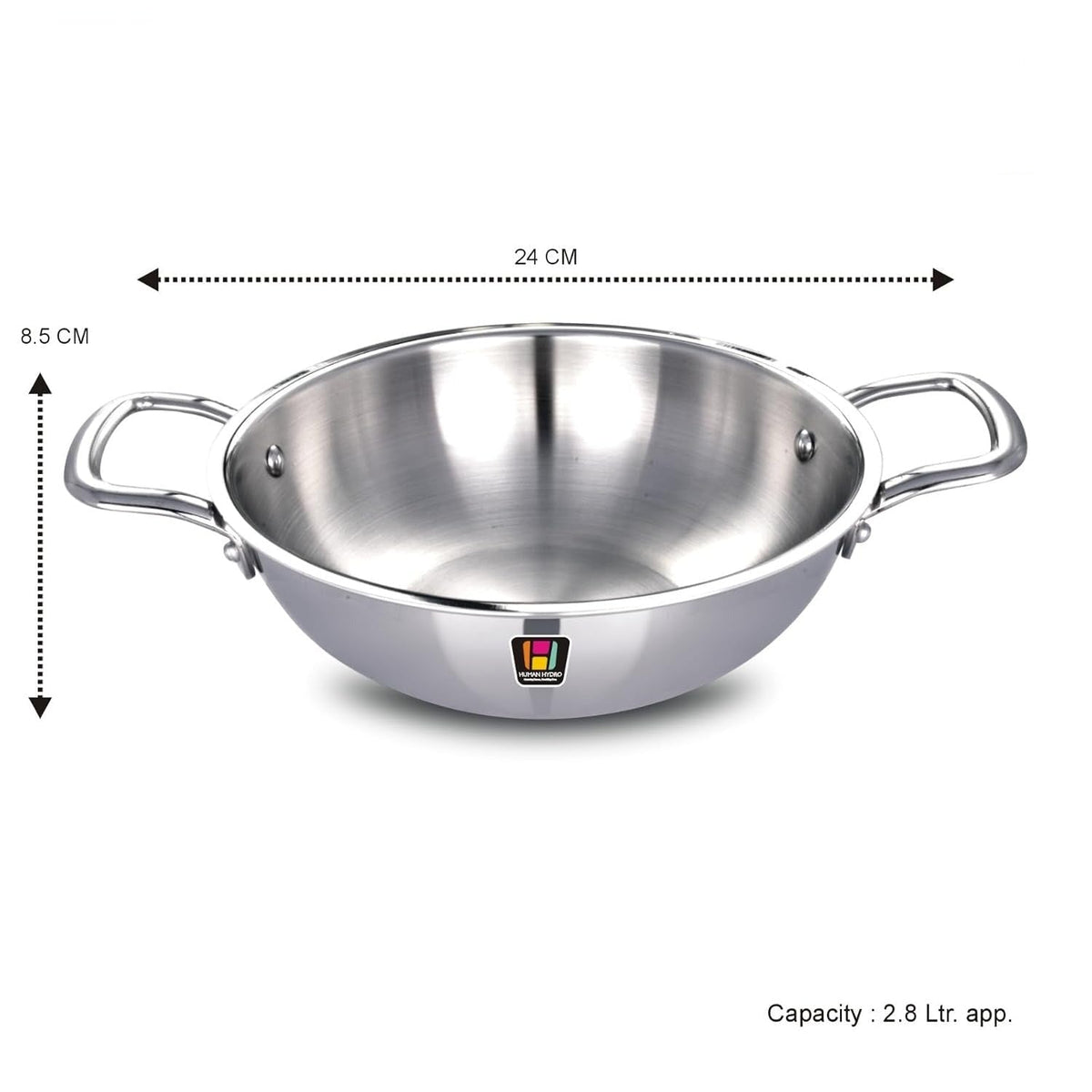 Tri-Ply Stainless Steel Kadai 24 cm 2.8L No Lid Induction Gas