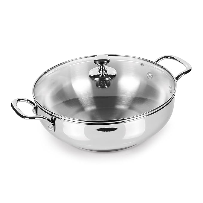 Stainless Steel Sandwich Bottom Kadhai with Glass Lid, 20 cm / 1.68 L