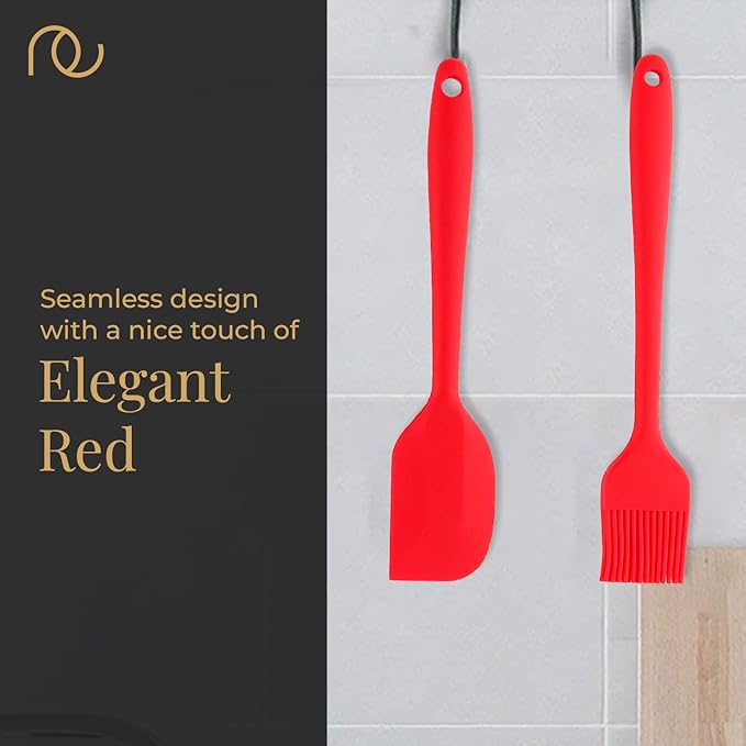 Seamless Design Set of 2, Red Oil Brush for Cooking & Non-stick Silicone Spatula Baking & Mixing