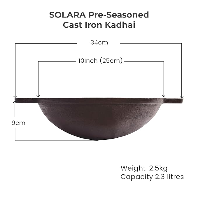 Pre Seasoned Cast Iron Kadhai, 25 cm, 2.5 Kg, Naturally Nonstick Cast Iron Kadai With Flat Handles