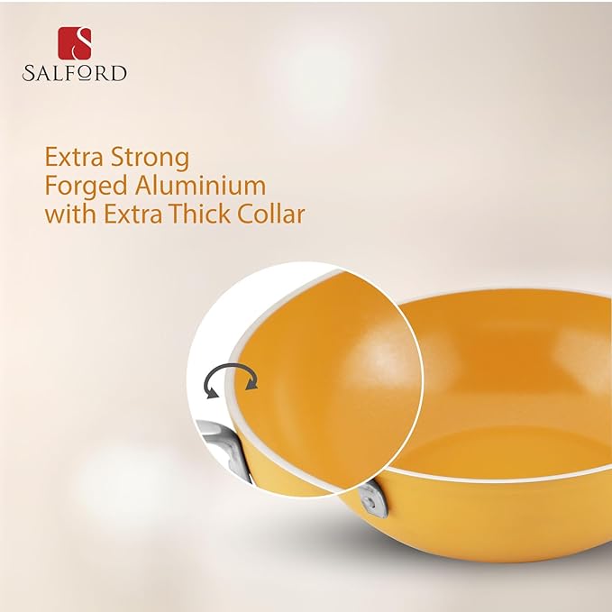 Forged Ceramic Non-stick Kadai With Glass Lid & Tubular Ss Handle, Mustard Yellow, 240 mm, 2.5 L