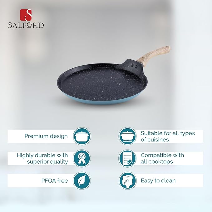 Salford by Ucook Forged Non-stick Tawa With Soft Touch Wooden Handle, Induction & Gas Ready | Black Spatter Dusty Blue |