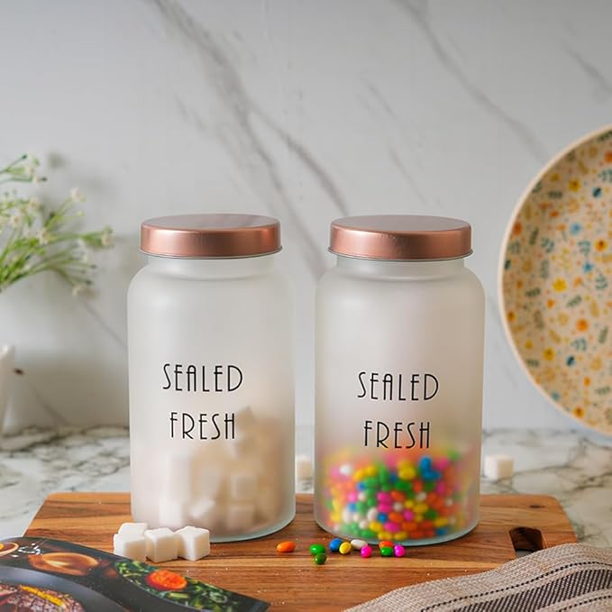 Kitchen Storage Jars Frosted Glass Jar With Steel Lid Air Tight Jar, 1500 ml, Pack of 6, Golden Lid