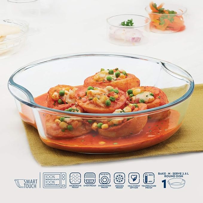 Round Glass Baking Dish, 2.5 L, Microwave Safe & Oven Safe, Transparent, 1 Piece