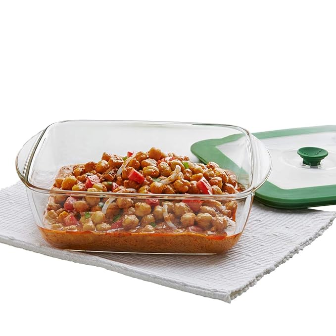 Microwave Safe and Oven Safe Square Glass Baking Dish With Green Lid, 1 Count, Transparent