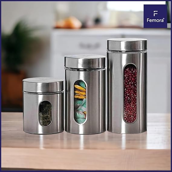 Kitchen Storage Jars Steel Body With See Through Window Jar, 1300 ml, Set of 2