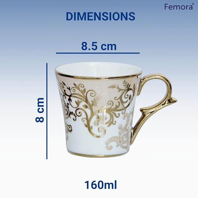 Premium Floral Gold Line Ceramic Coffee & Tea Cup Set of 6