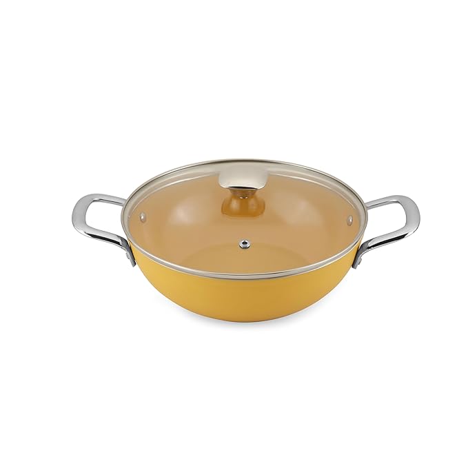 Forged Ceramic Non-stick Kadai With Glass Lid & Tubular Ss Handle, Mustard Yellow, 240 mm, 2.5 L
