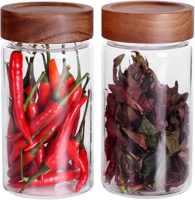 Kitchen Storage Jars Borosilicate Glass With Wooden Lid Air Tight Jar, 750 ml, Pack of 2, Transparent