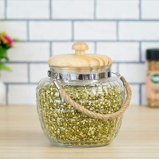 Kitchen Storage Jars Embossed Glass Jar With Wooden Lid & Jute Chain Air Tight Jar, 500 ml, Pack of 4