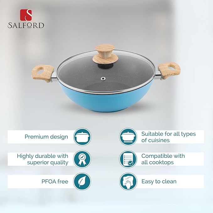 Forged Non-stick Kadhai + Glass Lid With Soft Touch Wooden Handle, Black Spatter Finish Dusty Blue- 240 mm