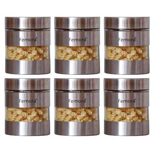 Kitchen Storage Jars Steel Body With See Through Window Jar, 700 ml, Pack of 6 - Design 2