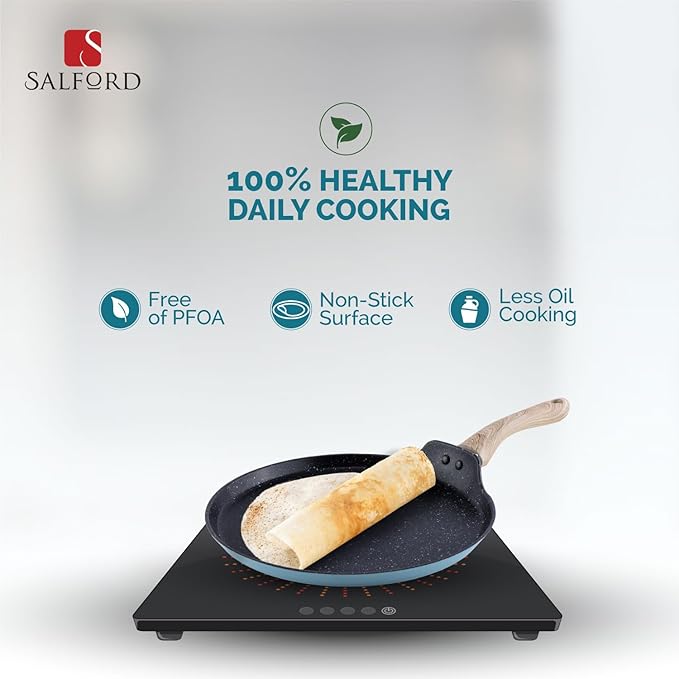 Salford by Ucook Forged Non-stick Tawa With Soft Touch Wooden Handle, Induction & Gas Ready | Black Spatter Dusty Blue |