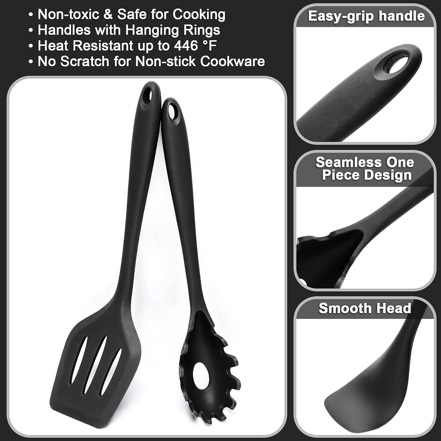15-Piece Silicone Kitchen Utensils Set – Heat-Resistant Spatulas, Spoons, Turners, Brush, and Whisk, Perfect for Non-Stick Cookware (Black)