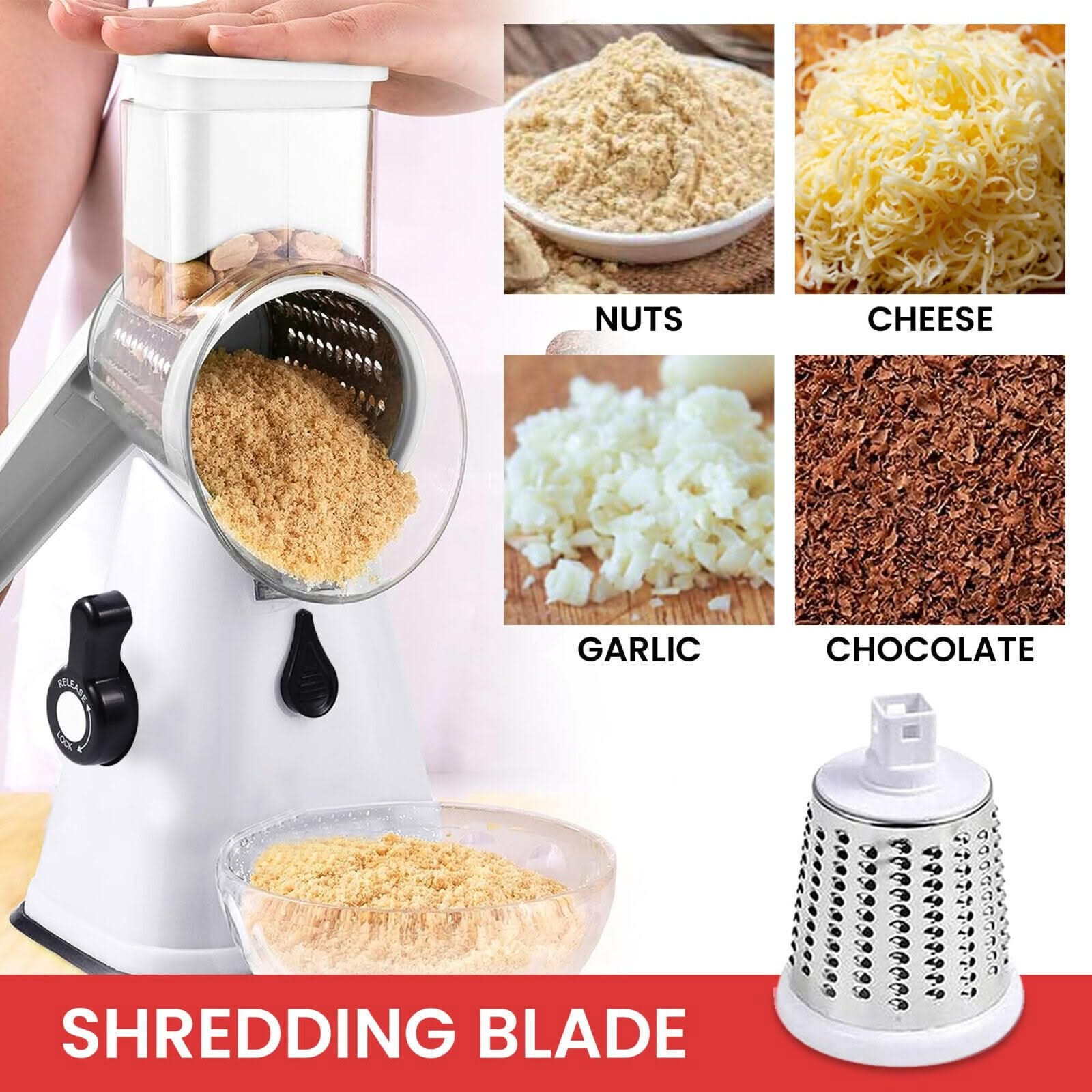 3 in 1 Rotary Cheese Grater – Multifunctional Slicer and Shredder with Easy-to-Swap Stainless Steel Interchangeable Rotating Drum Blades for Effortless Kitchen Prep Tool