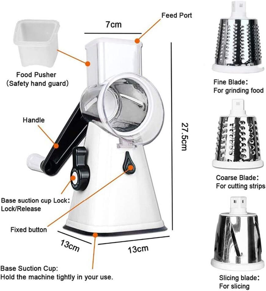 3 in 1 Rotary Cheese Grater – Multifunctional Slicer and Shredder with Easy-to-Swap Stainless Steel Interchangeable Rotating Drum Blades for Effortless Kitchen Prep Tool