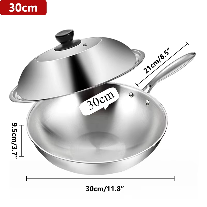 Stainless Steel Wok with Lid – Tri-Ply Durable Multi-Layer Construction for Even Heat Distribution – Ideal for Stir-Frying, Deep-Frying, Poaching, Searing, Sautéing, Tossing Noodles, Soups, Frying Eggs, Omelettes & One-Pan Dishes