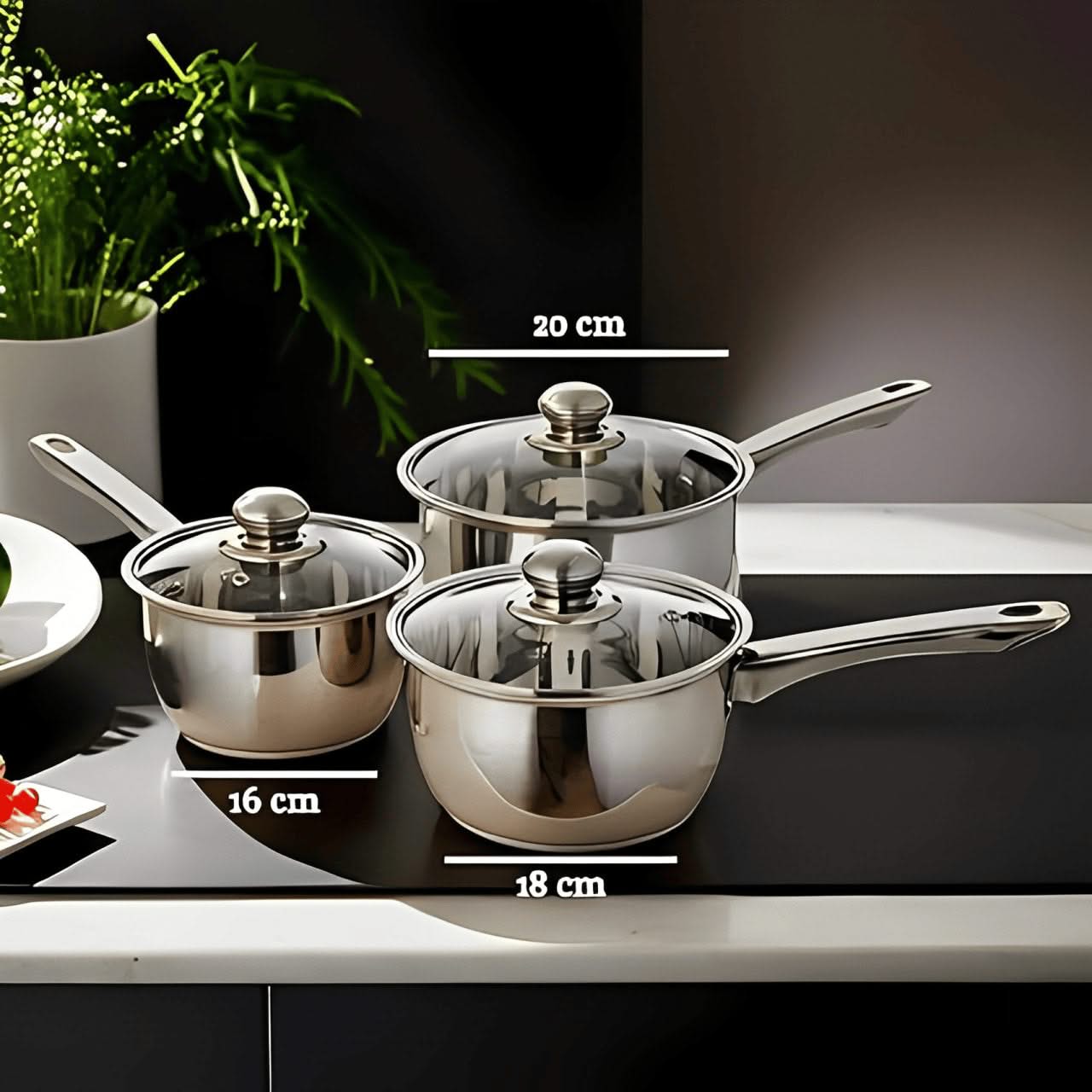 3-Piece Stainless Steel Saucepan Set – Durable Saucepans with Glass Lids (16cm, 18cm, 20cm), Perfect for Cooking and Kitchen Tasks