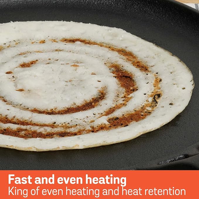 Pre-Seasoned Cast Iron Flat Dosa, Roti, Chapati Tawa Pan with Stick Handle 28 cm, Black