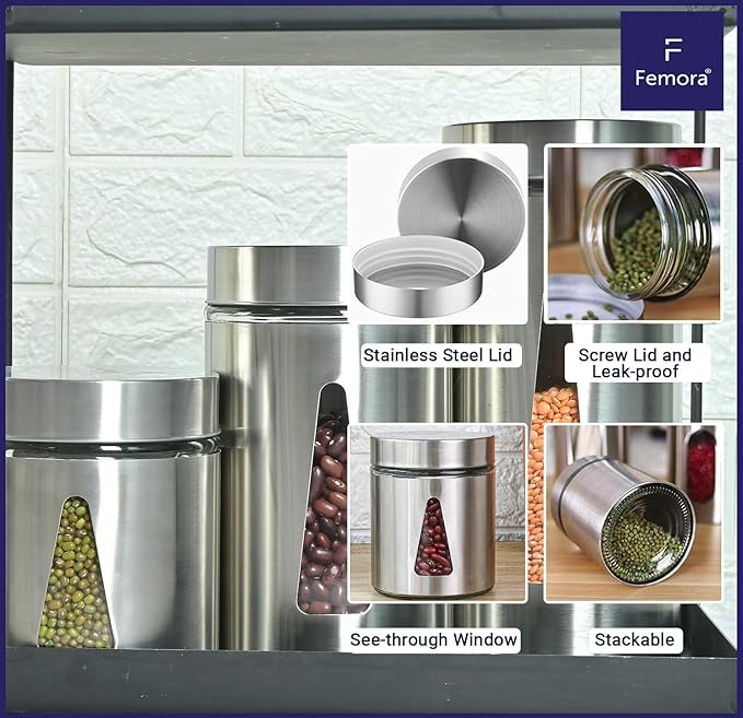 Kitchen Storage Jars Steel Finish With See Through Window Jar, 700 ml, Pack of 6, Silver