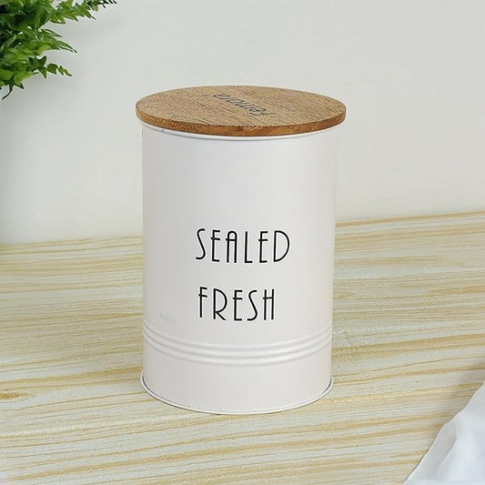 Kitchen Storage Jars Tin Jar With Wooden Lid Air Tight Jar, 900 ml, Set of 2