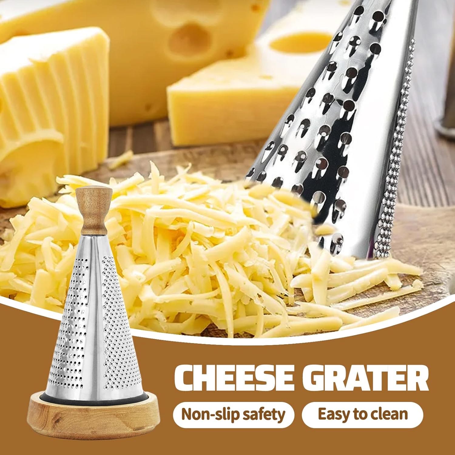Multi-functional Stainless Steel Cone-Shaped Cheese Grater with Container and Wooden Handle – Perfect for Parmesan Cheese, Vegetables, and Fruits in a Vintage Style