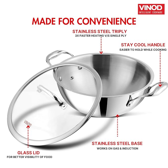 Triply Stainless Steel Extra Deep Kadai with Glass Lid 2.5 L (22 cm), 2.5 mm Thick, Kadai for Cooking