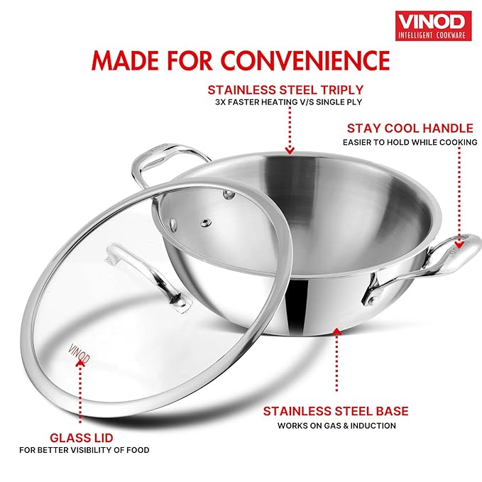 Triply Stainless Steel Extra Deep Kadai with Glass Lid 5.5 L (30 cm), 2.5 mm Thick, Kadai for Cooking