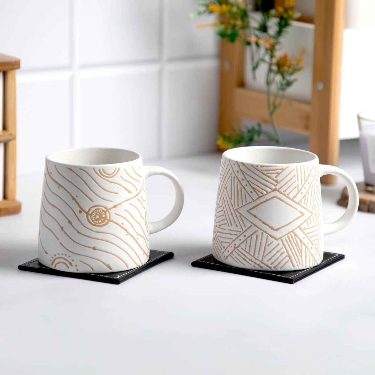 Waluvin Set of 2: Stylish White & Beige Stoneware Mugs, 400 ml, Embossed Design