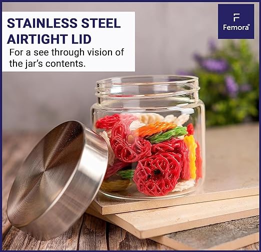 Kitchen Storage Jars Borosilicate Glass With Steel Lid Air Tight Kitchen Jar and Container, 1100 ml - Pack of 2