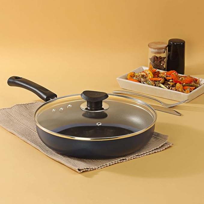 Aluminium Non Stick Deep Frypan with Glass Lid - 26 cm, 3 Layer Ceramic Coating, 3 mm Extra Thick