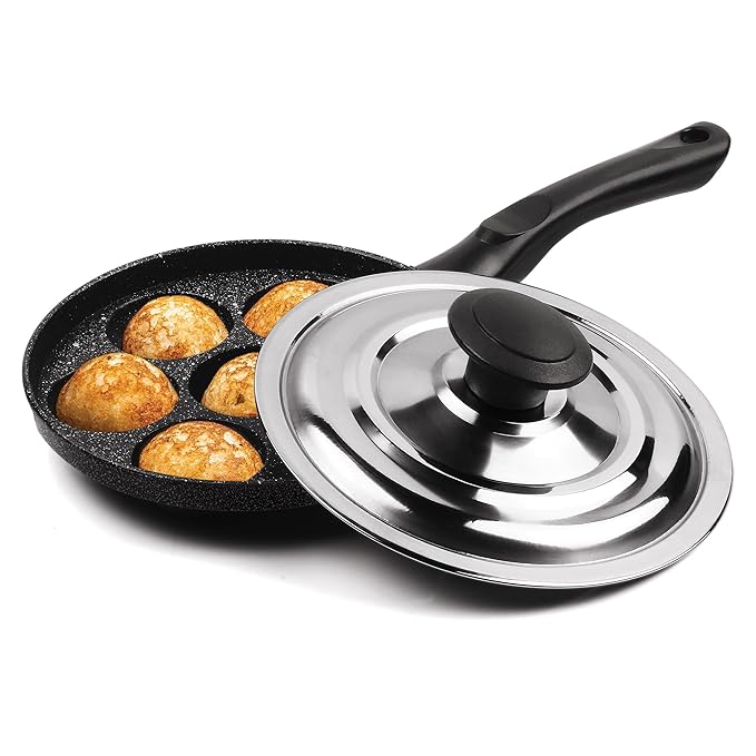 Appam Patra with Stainless Steel Lid, Non-Stick Heavy Duty Aluminium, 7 Cavity, 12.8 inch