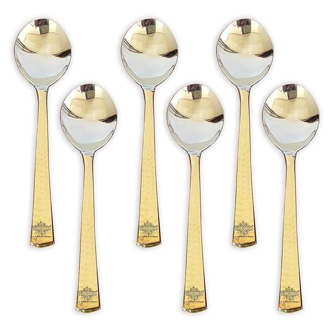 Steel Brass Dessert Spoon Hammered Design Elegant And Durable Cutlery Length, 7.5 inch