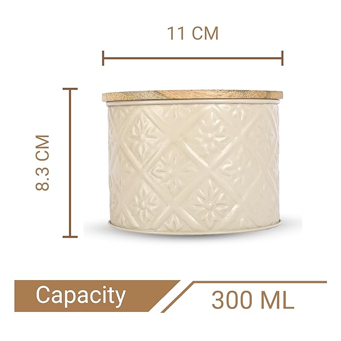 Kitchen Storage Jars Tin Jar With Wooden Lid Air Tight Jar, 300 ml, Set of 2