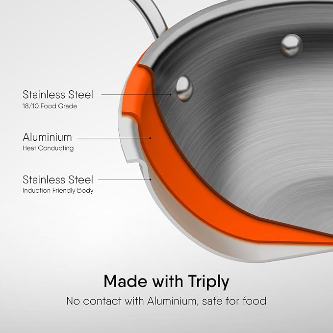 Triply Stainless Steel Wok With Lid, Stir Fry Wok, Induction & Gas Stove Compatible, 3.3 L, 26 cm