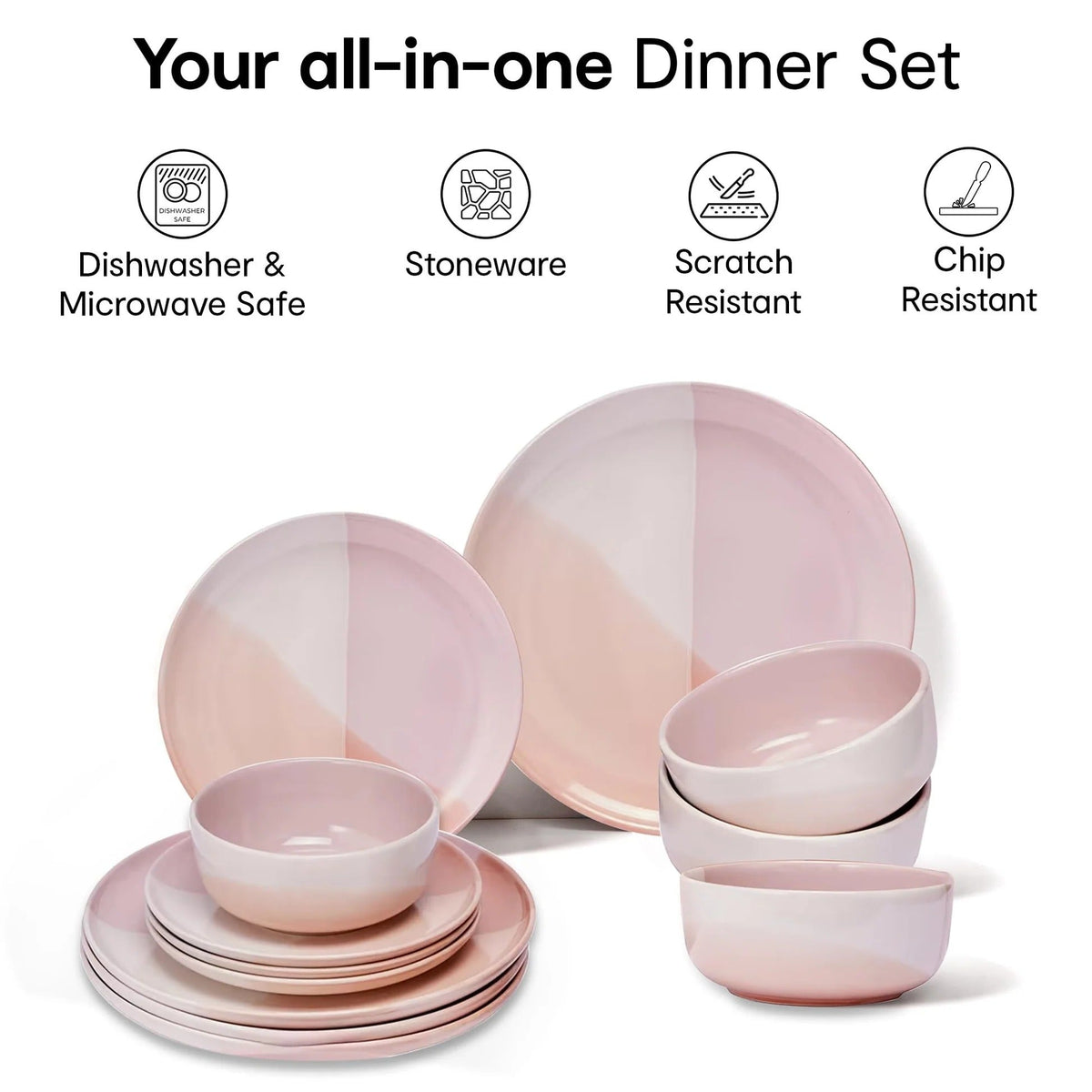 Stoneware Pink Dip Glazed 12 Pieces Solid Dinner Set for 4 4 Dinner Plates 4 Side Plates 4 Bowls