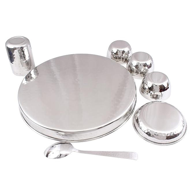 Stainless Steel Dinner Set/Thali Set of 1 Plate 1 Small Plate 3 Bowls, 1 Glass & 1 Spoon (7 Pieces)